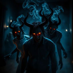 A hauntingly atmospheric scene depicting people possessed by demons in a dark, eerie environment