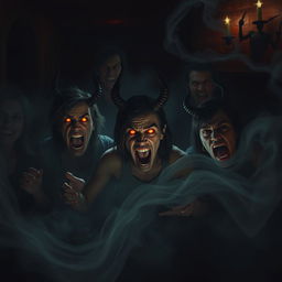 A hauntingly atmospheric scene depicting people possessed by demons in a dark, eerie environment