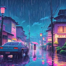 Retro 90s Ghibli film scene with a sad vaporwave aesthetic in the rain.