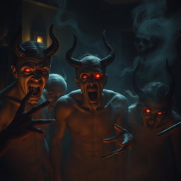 A hauntingly atmospheric scene depicting people possessed by demons in a dark, eerie environment