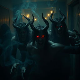A hauntingly atmospheric scene depicting people possessed by demons in a dark, eerie environment
