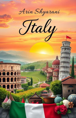 A stunning travel book cover design themed around Italy, featuring iconic symbols such as the Colosseum, Leaning Tower of Pisa, gondolas of Venice, and rolling hills of Tuscany