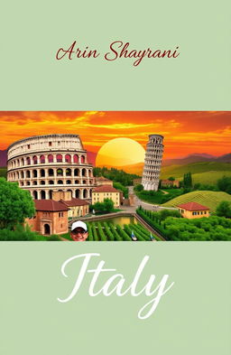 A stunning travel book cover design themed around Italy, featuring iconic symbols such as the Colosseum, Leaning Tower of Pisa, gondolas of Venice, and rolling hills of Tuscany