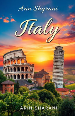 A stunning travel book cover design themed around Italy, featuring iconic symbols such as the Colosseum, Leaning Tower of Pisa, gondolas of Venice, and rolling hills of Tuscany