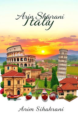 A stunning travel book cover design themed around Italy, featuring iconic symbols such as the Colosseum, Leaning Tower of Pisa, gondolas of Venice, and rolling hills of Tuscany