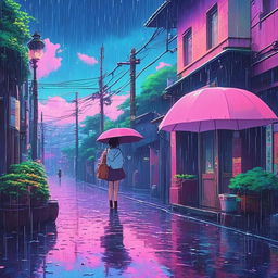 Retro 90s Ghibli film scene with a sad vaporwave aesthetic in the rain.