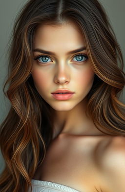 A captivating young woman with long, wavy dark brown hair that shines with golden highlights in the light