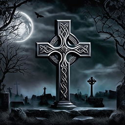 Gothic metal band album cover featuring a silver Celtic cross in a moonlit graveyard with a single black rose at its foot.