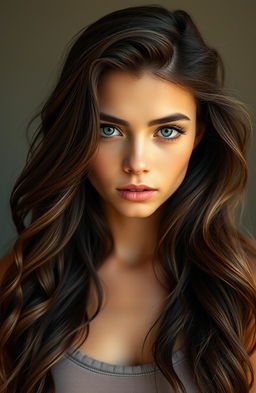 A captivating young woman with long, wavy dark brown hair that shines with golden highlights in the light