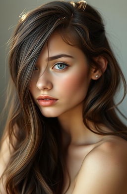 A captivating young woman with long, wavy dark brown hair that shines with golden highlights in the light