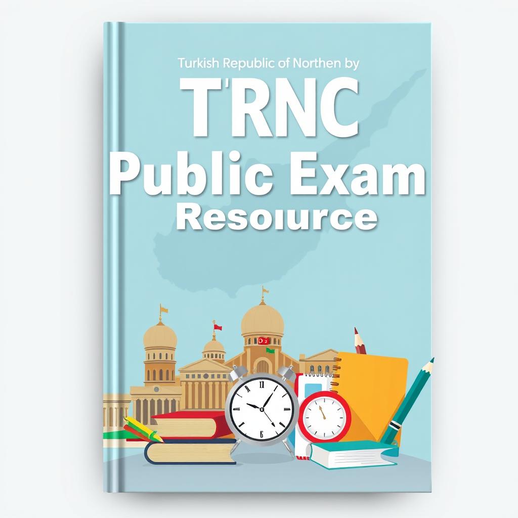 A book cover design dedicated to public exam resources, featuring a silhouette or stylized map of the Turkish Republic of Northern Cyprus (TRNC) in the background