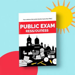 A book cover design dedicated to public exam resources, featuring a silhouette or stylized map of the Turkish Republic of Northern Cyprus (TRNC) in the background