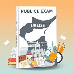 A book cover design dedicated to public exam resources, featuring a silhouette or stylized map of the Turkish Republic of Northern Cyprus (TRNC) in the background
