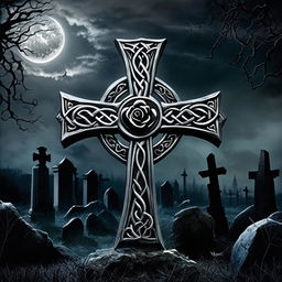 Gothic metal band album cover featuring a silver Celtic cross in a moonlit graveyard with a single black rose at its foot.