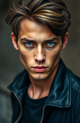 A striking young man with dark brown hair that shines with golden highlights when touched by light