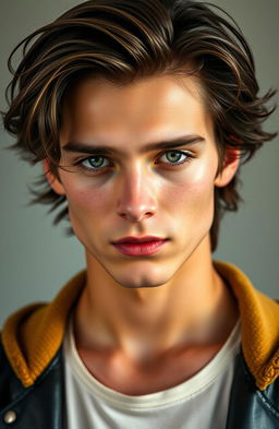 A striking young man with dark brown hair that shines with golden highlights when touched by light