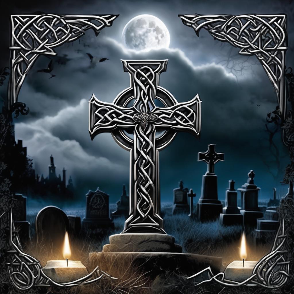 Gothic metal band album cover featuring a silver Celtic cross in a moonlit graveyard with a single black rose at its foot.