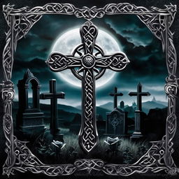 Gothic metal band album cover featuring a silver Celtic cross in a moonlit graveyard with a single black rose at its foot.