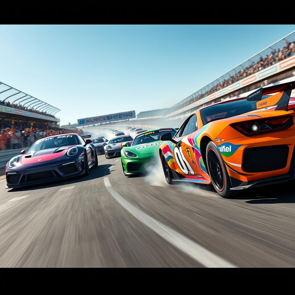 A thrilling scene depicting multiple race cars zooming at high speed on a racetrack during a track day event