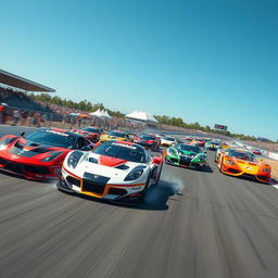 A thrilling scene depicting multiple race cars zooming at high speed on a racetrack during a track day event