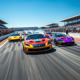 A thrilling scene depicting multiple race cars zooming at high speed on a racetrack during a track day event