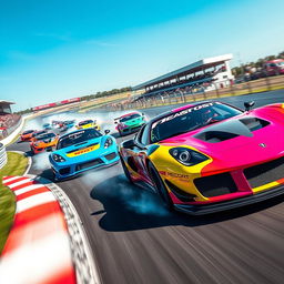 A thrilling scene depicting multiple race cars zooming at high speed on a racetrack during a track day event