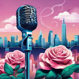 Conceptual rap album cover in pastel colors featuring a microphone entwined with roses against a cityscape backdrop.