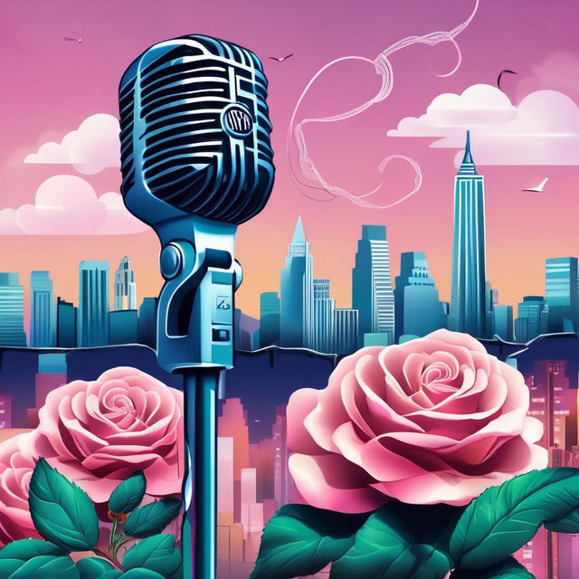 Conceptual rap album cover in pastel colors featuring a microphone entwined with roses against a cityscape backdrop.