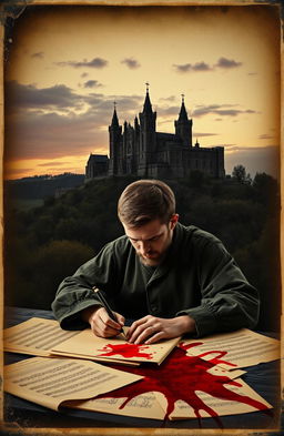 Carlo Gesualdo, the Renaissance composer, intensely focused on writing music, surrounded by sheets of parchment and a quill
