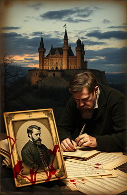 Carlo Gesualdo, the Renaissance composer, intensely focused on writing music, surrounded by sheets of parchment and a quill