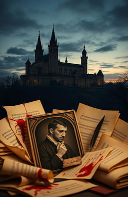 Carlo Gesualdo, the Renaissance composer, intensely focused on writing music, surrounded by sheets of parchment and a quill