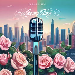 Conceptual rap album cover in pastel colors featuring a microphone entwined with roses against a cityscape backdrop.