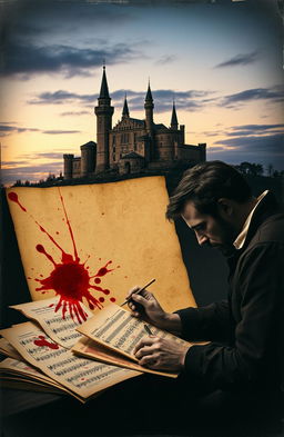 Carlo Gesualdo, the Renaissance composer, intensely focused on writing music, surrounded by sheets of parchment and a quill