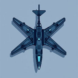 A large futuristic airplane illustrated in a top-down pixel art style, featuring a dark blue and gray color palette