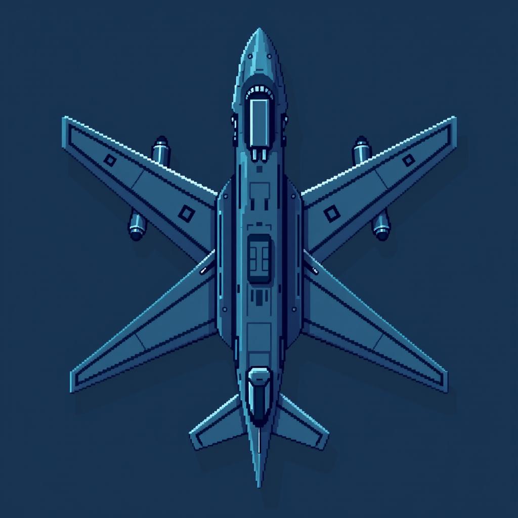 A large futuristic airplane illustrated in a top-down pixel art style, featuring a dark blue and gray color palette