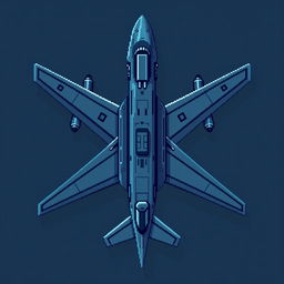 A large futuristic airplane illustrated in a top-down pixel art style, featuring a dark blue and gray color palette