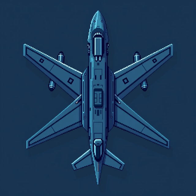 A large futuristic airplane illustrated in a top-down pixel art style, featuring a dark blue and gray color palette