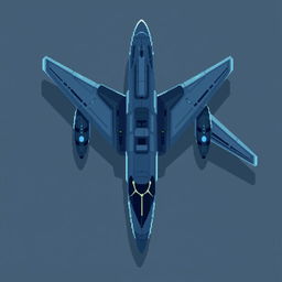 A large futuristic airplane illustrated in a top-down pixel art style, featuring a dark blue and gray color palette