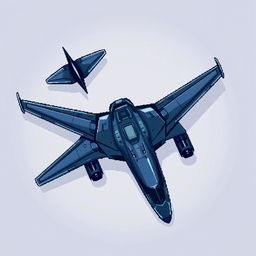 A large futuristic airplane illustrated in a top-down pixel art style, featuring a dark blue and gray color palette