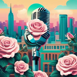 Conceptual rap album cover in pastel colors featuring a microphone entwined with roses against a cityscape backdrop.