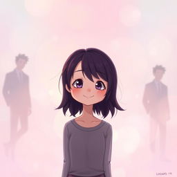 A whimsical pastel-themed scene featuring a girl with dark purple hair at the center
