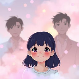 A whimsical pastel-themed scene featuring a girl with dark purple hair at the center