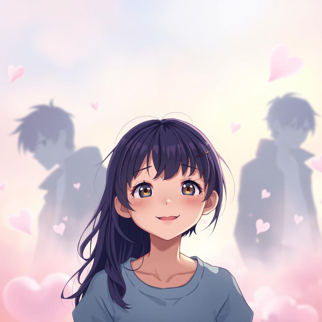 A whimsical pastel-themed scene featuring a girl with dark purple hair at the center