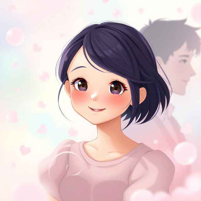 A whimsical pastel-themed scene featuring a girl with dark purple hair at the center