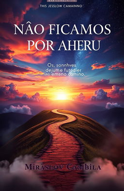 A captivating book cover for "NÃO FICAMOS POR AQUI" with the subtitle "Os sonhos devem seguir no mesmo caminho" by Miraslov Cambila