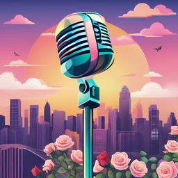 Conceptual rap album cover in pastel colors featuring a microphone entwined with roses against a cityscape backdrop.