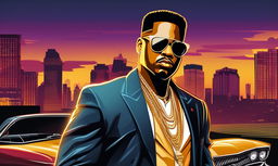 Gangster rapper in tailored suit with gold chain and sunglasses against cityscape at dusk