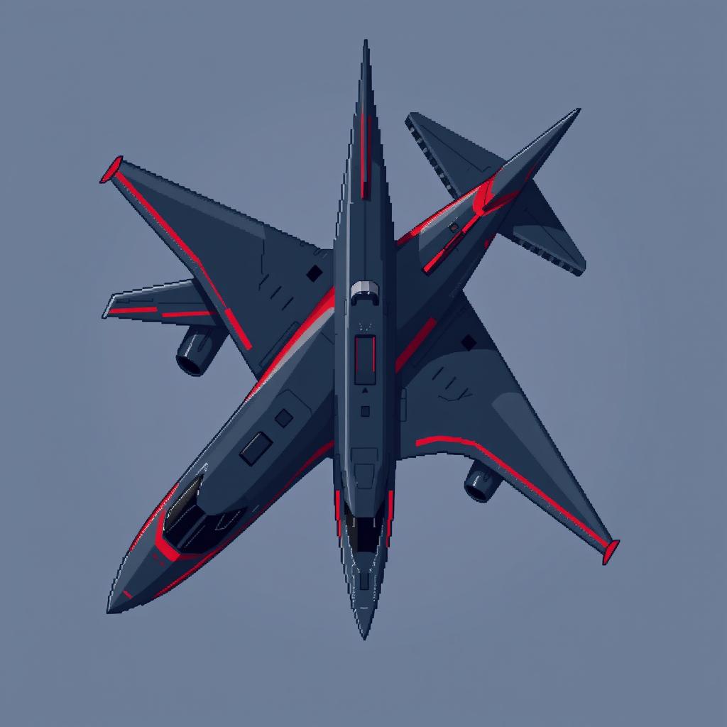 A large futuristic airplane depicted in pixel art style, viewed from above