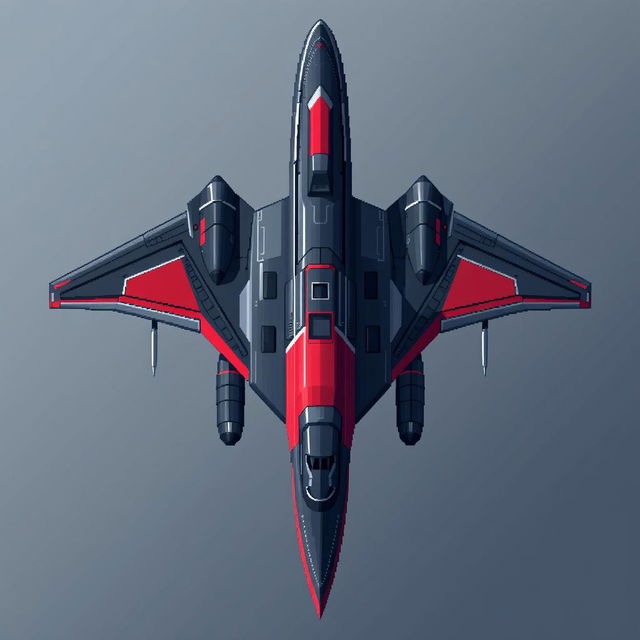 A large futuristic airplane depicted in pixel art style, viewed from above