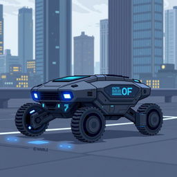 A futuristic ground drone designed in pixel art style, featuring a sleek and compact design